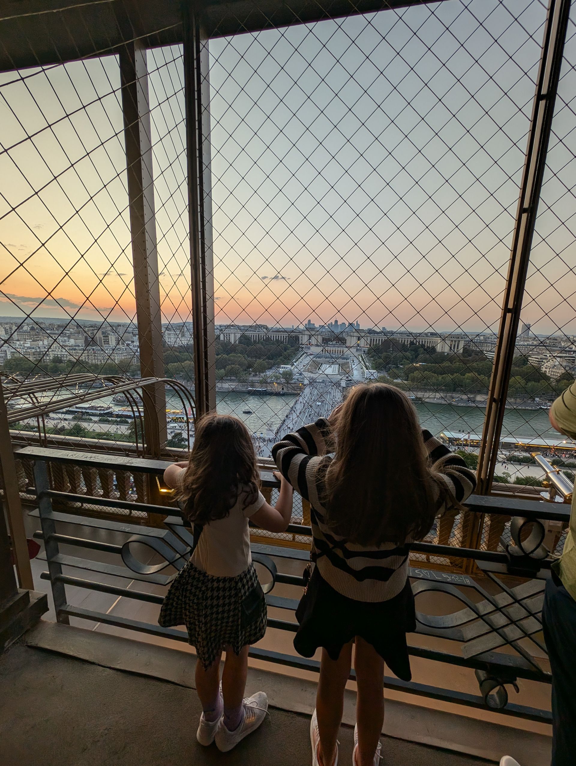 Two children look out at Paris from a high tower, cityscape, sunset, through a grid of metal.
