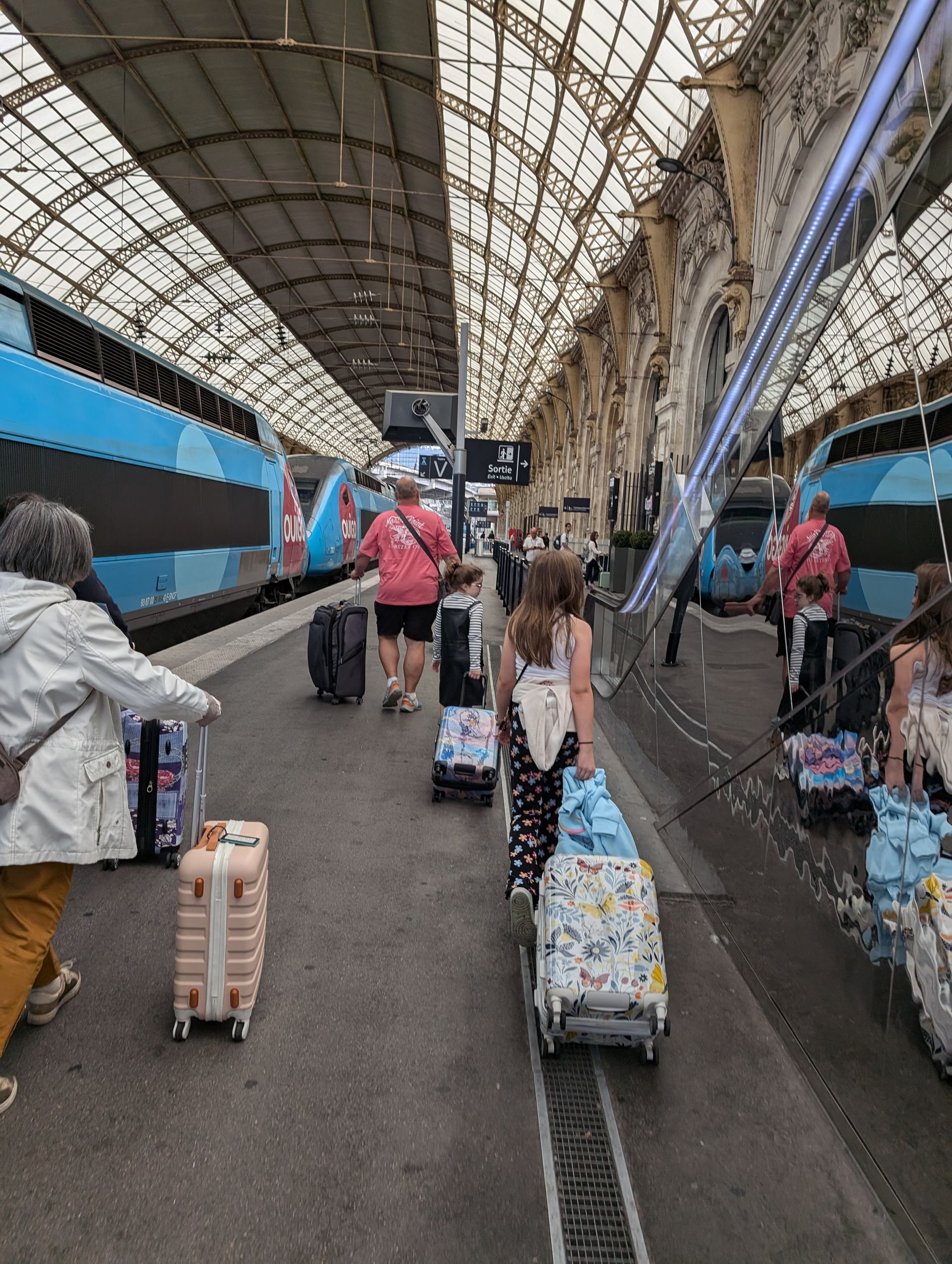 People with luggage walk along a train platform with blue trains in the background.