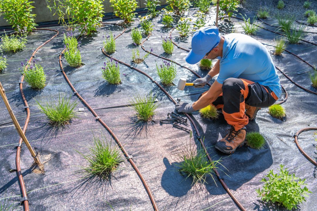 A man is kneeling down in a field of plants.