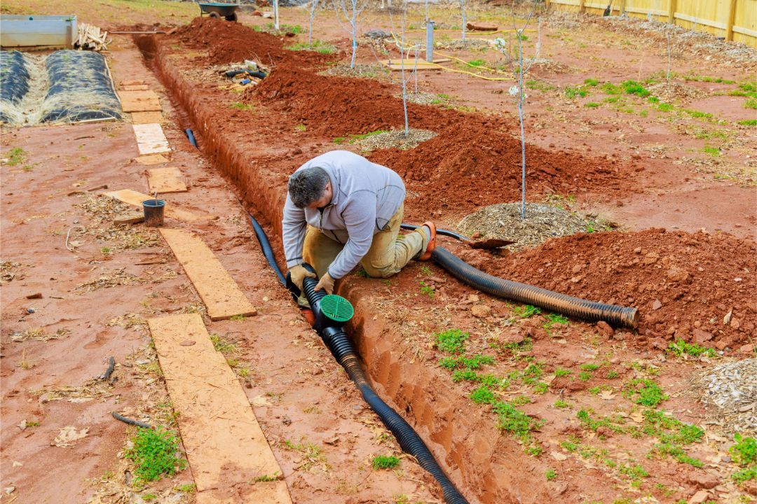 A man is kneeling down in the dirt working on a drainage system.