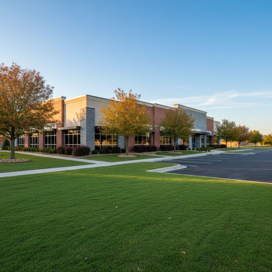 A well manicured commercial property with softscaoing is in the earl morning sunight 