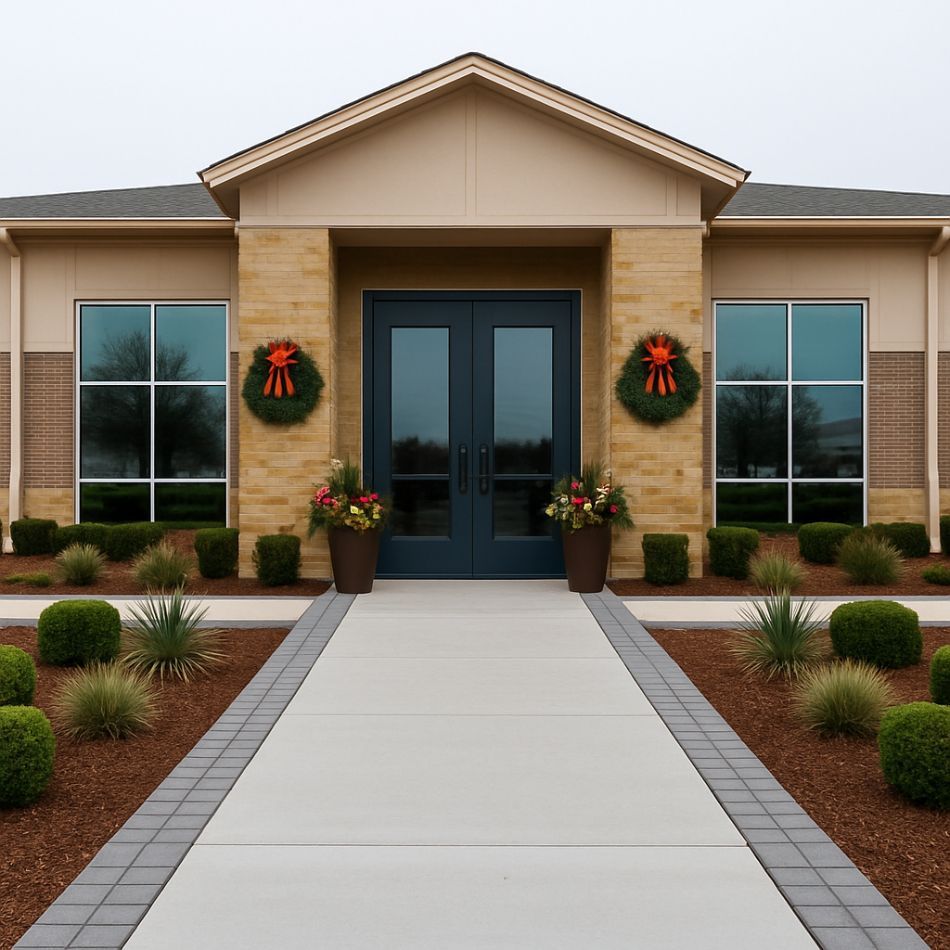 A polished, professional storefront with holiday decorations for the Christmas season - 1st impression turf, keller, tx