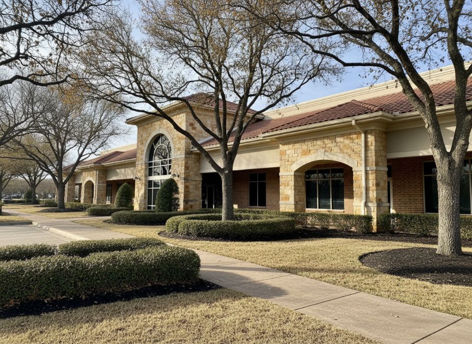 A large retail office building sits on well-maintained grounds with plentry of trees and shrubbery - 1st impression turf, keller, tx