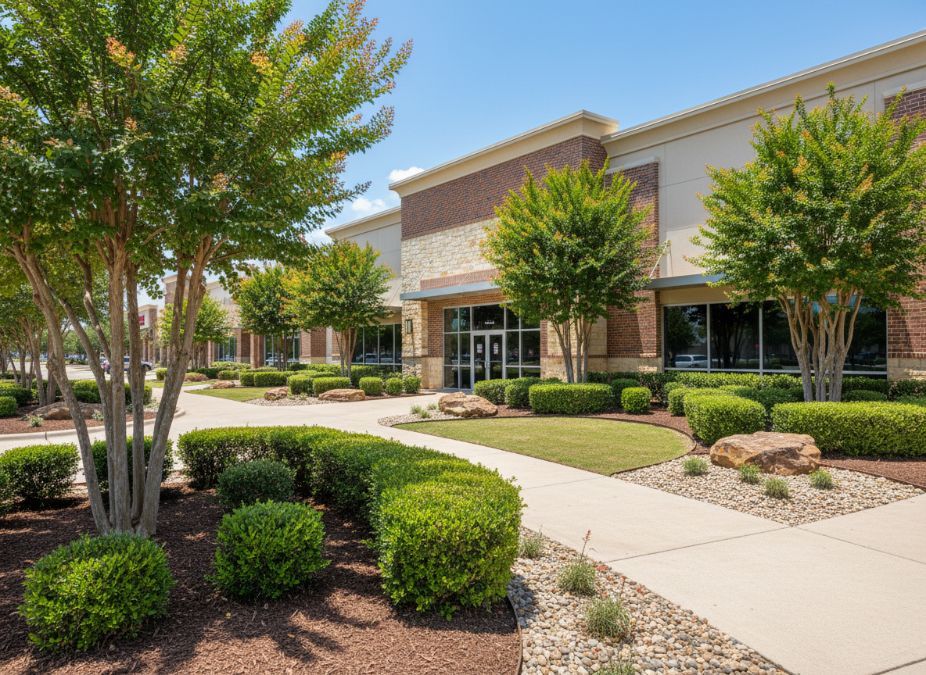 A commercial building in bright sunlight has trees touched by autumn color and softscaped grounds - 1st Impression Turf, Keller TX