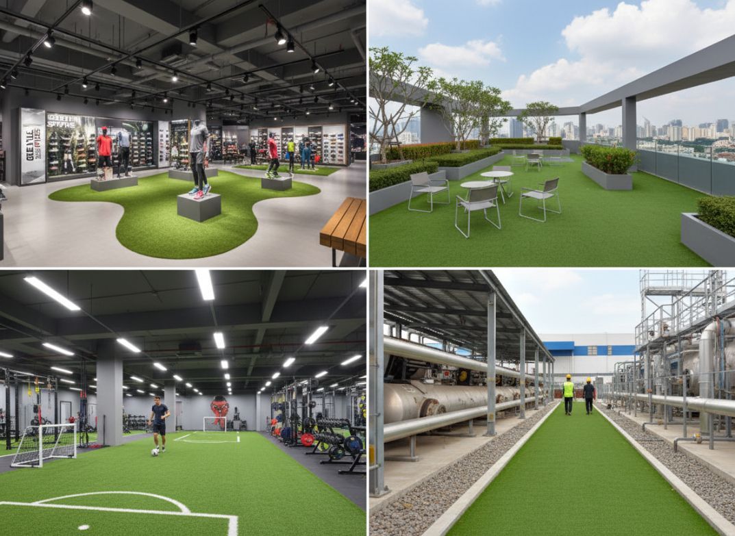 An image of four settings for artificial turf: a retail store, an outdoor balcony, a sports gym, and an industrial setting - 1st impression turf