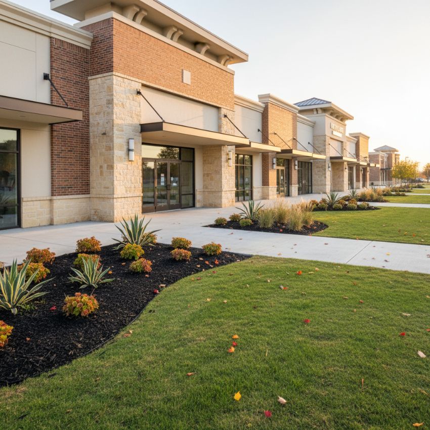 A well-kept office building has a few scattered autumn leaves on the ground - 1st Impression Turf, Keller, TX