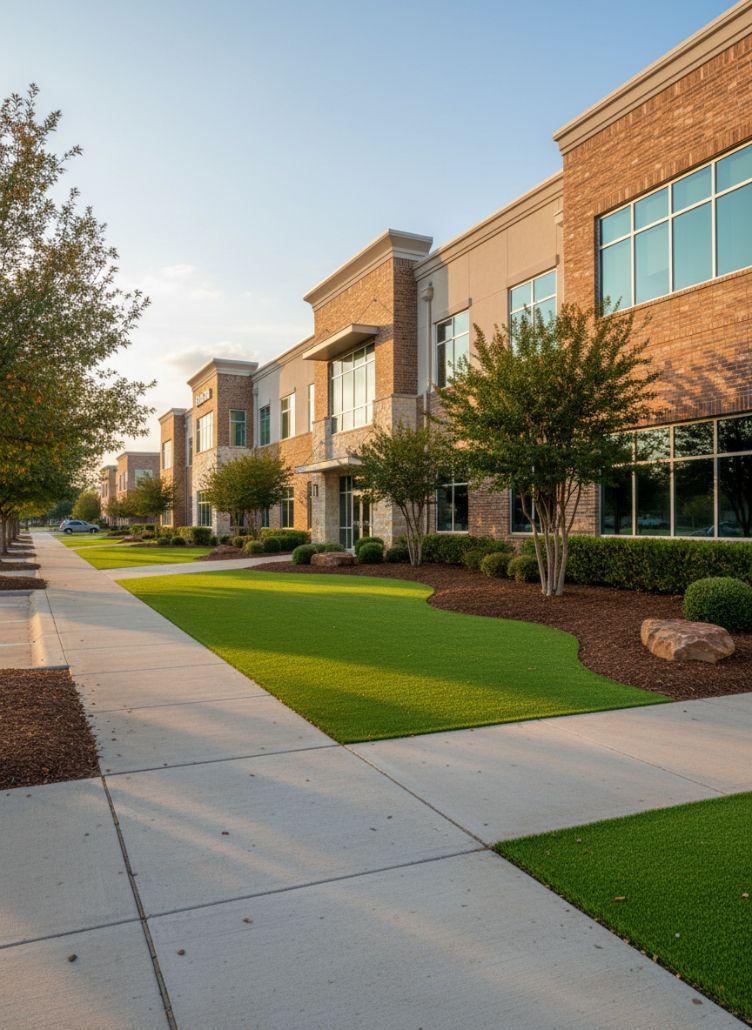 A commercial building in the late afternoon sun has well manicured grounds - 1st Impression Turf, Keller, TX