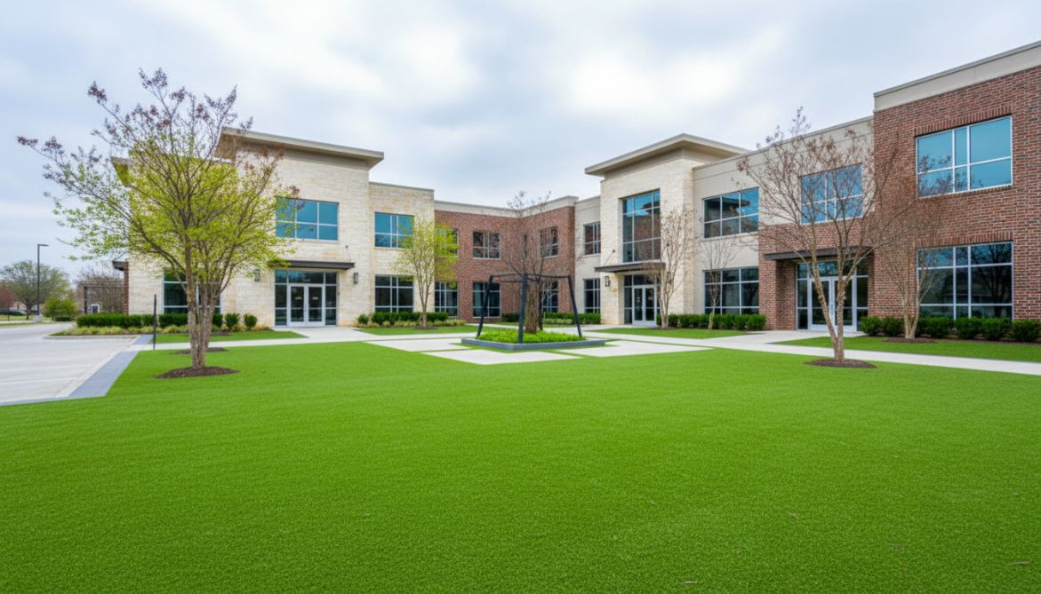 A commercial retail center has a well-manicured courtyard with artificial turf - 1st impression turf, keller, tx