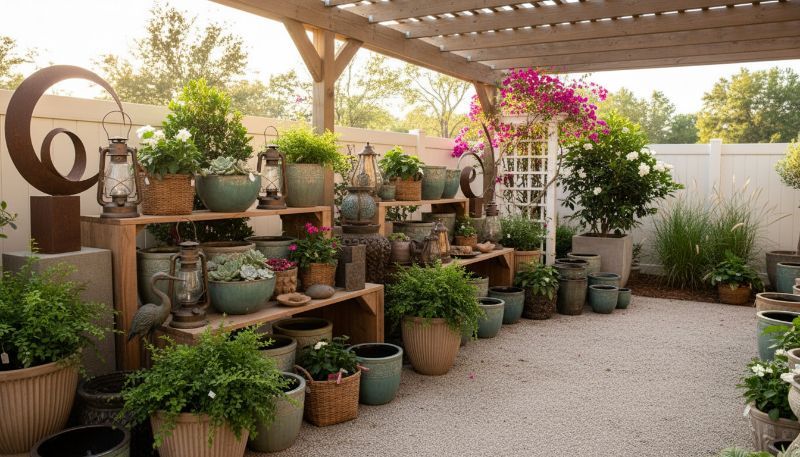 A man is kneeling down in the grass in a garden.
