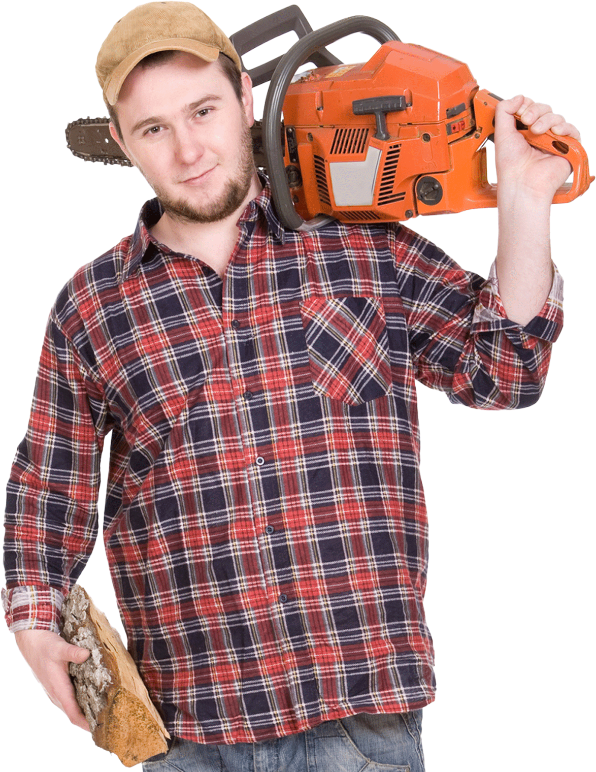 A man in a plaid shirt is carrying a chainsaw over his shoulder.