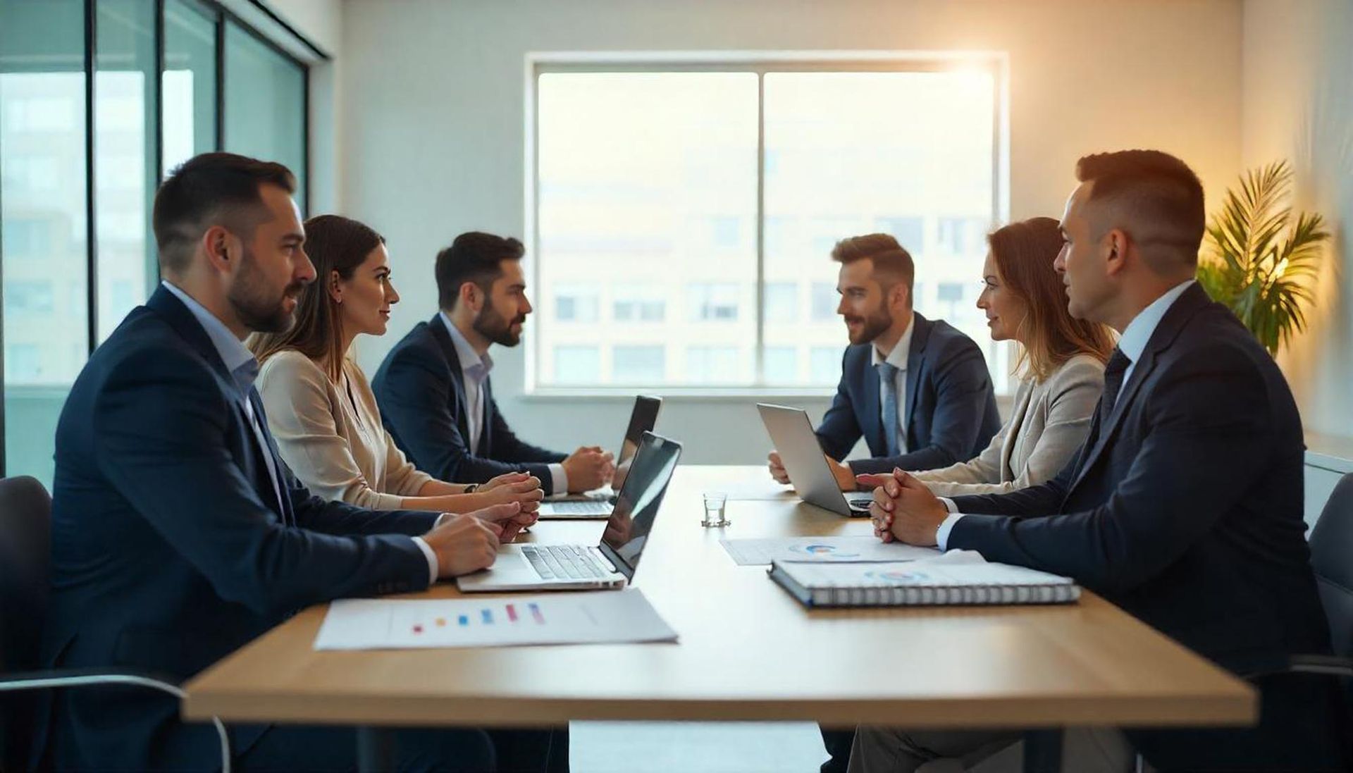 Business meeting with six professionals seated at a conference table in a bright office, laptops open.