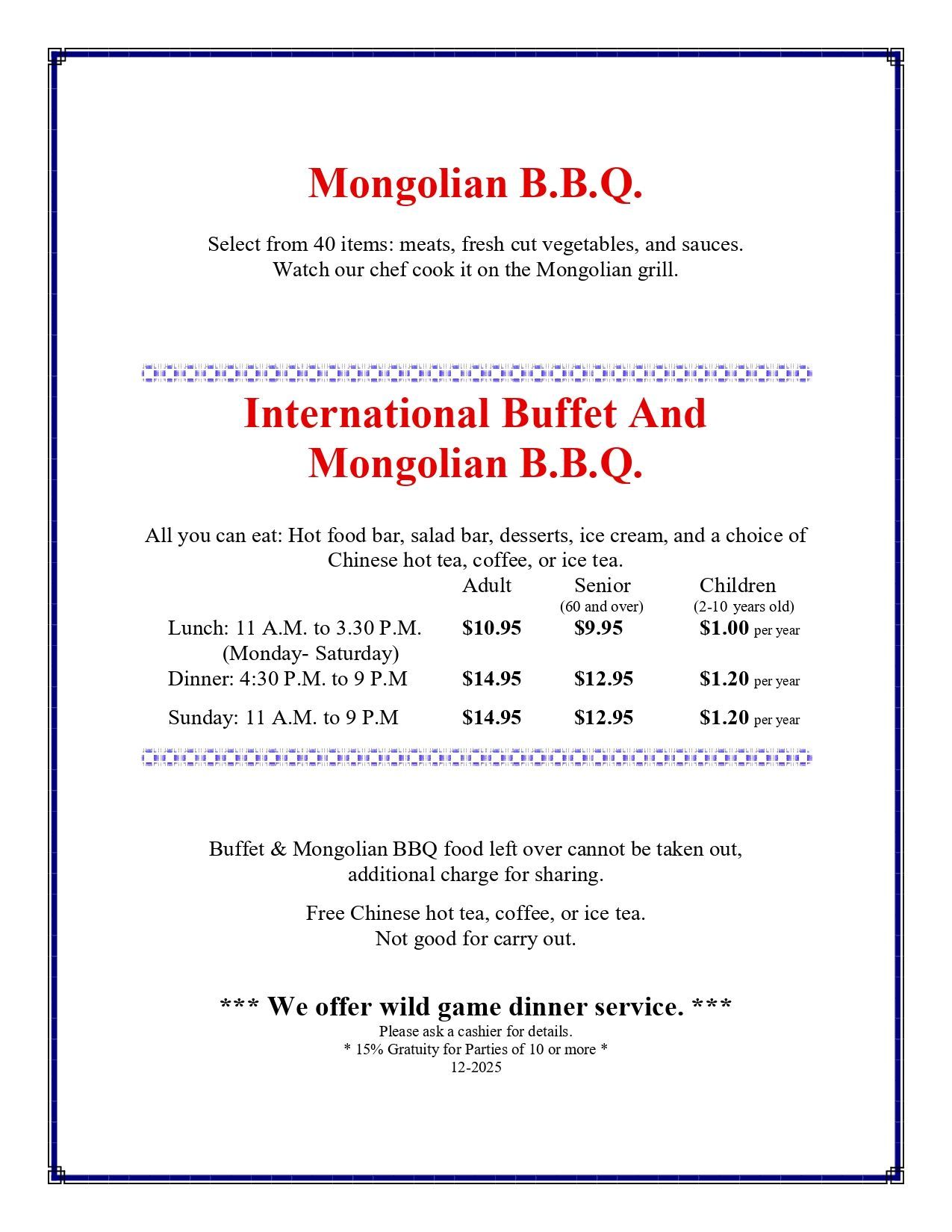 Menu for International Buffet and Mongolian B.B.Q., listing prices for lunch, dinner, and Sunday, with wild game dinner service available.