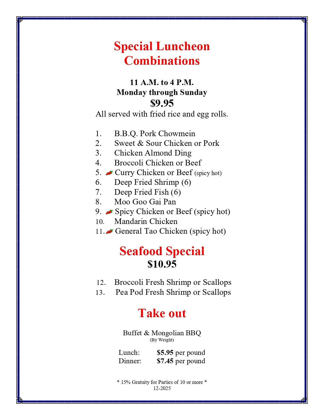 Menu listing special lunch and seafood combinations with takeout options.