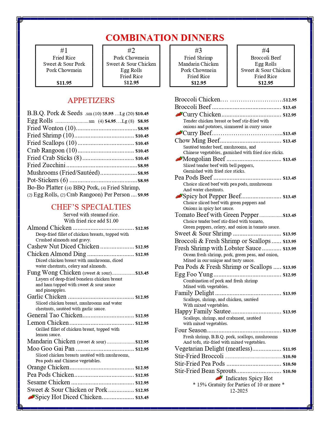 Menu for a restaurant featuring combination dinners, appetizers, and chef's specialties.