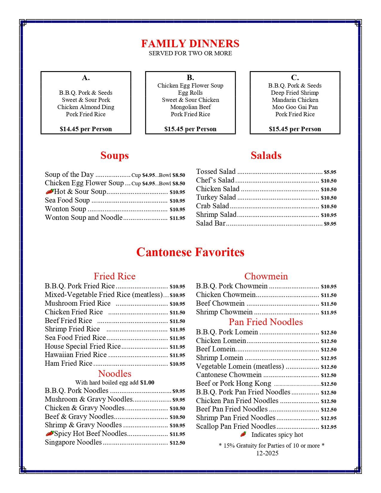 Restaurant menu: family dinners, soups, salads, fried rice, Cantonese favorites, noodles, and specials.