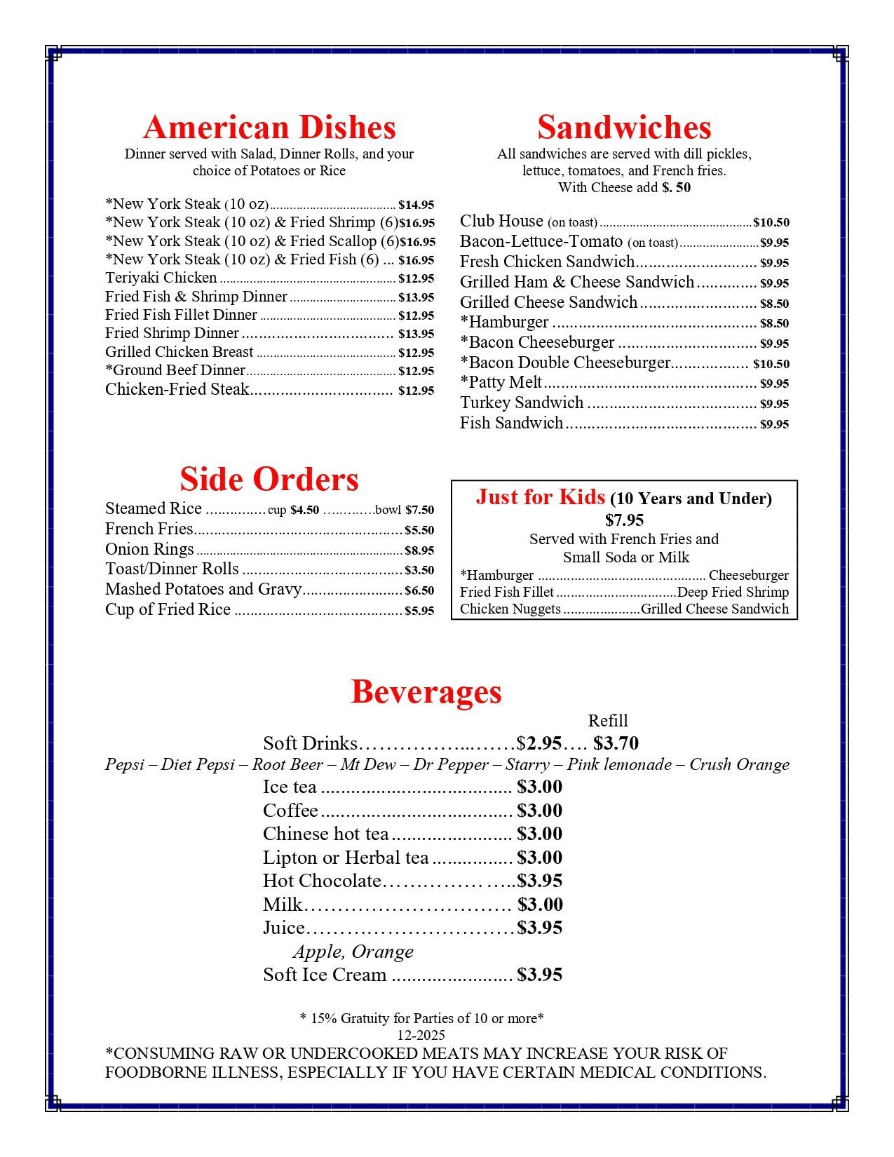 Menu with American dishes, sandwiches, side orders, and beverages.