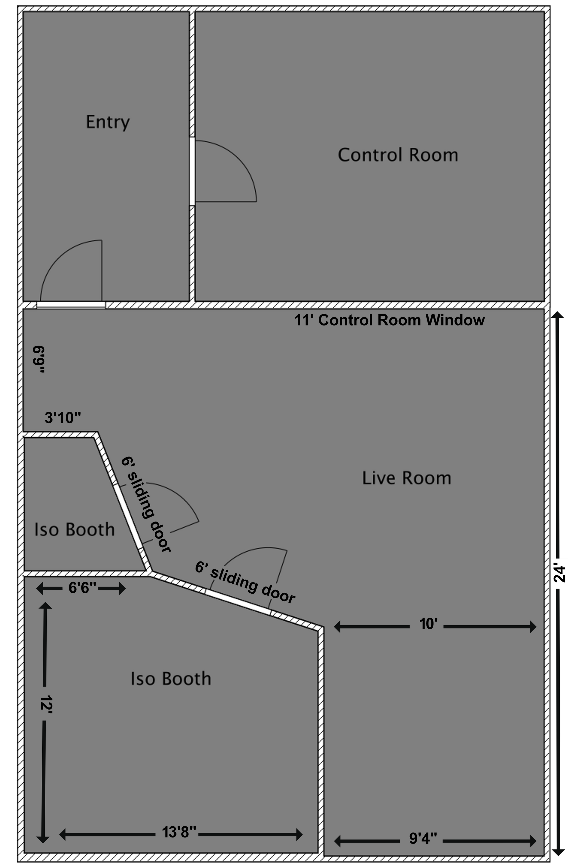 Floor plan of a recording studio, featuring a control room, entry, live room, and two iso booths with labeled dimensions.