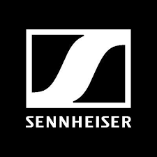 White Sennheiser logo featuring a stylized 'S' inside a rectangle on a black background, with the brand name below.
