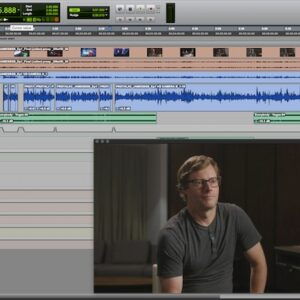 A video editing software interface showing an audio waveform timeline above a video preview of a person sitting in a room.