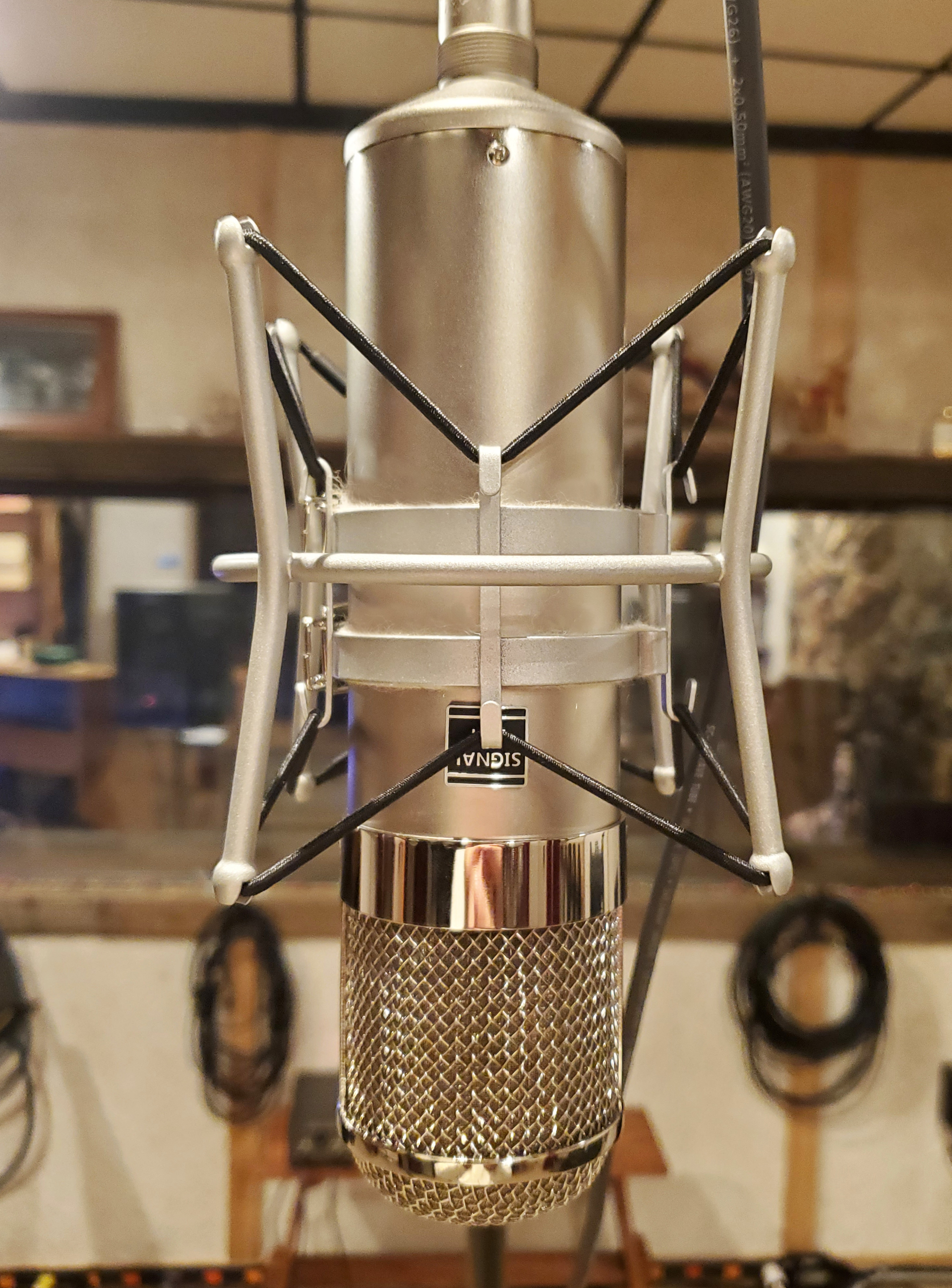 A studio microphone suspended in a shock mount, centered against a blurred recording studio background.