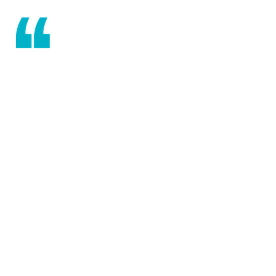 A pair of bright teal quotation marks set against a white background.