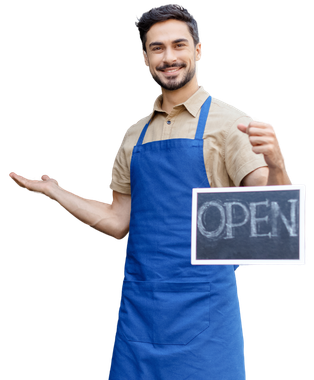 A man in an apron is holding an open sign