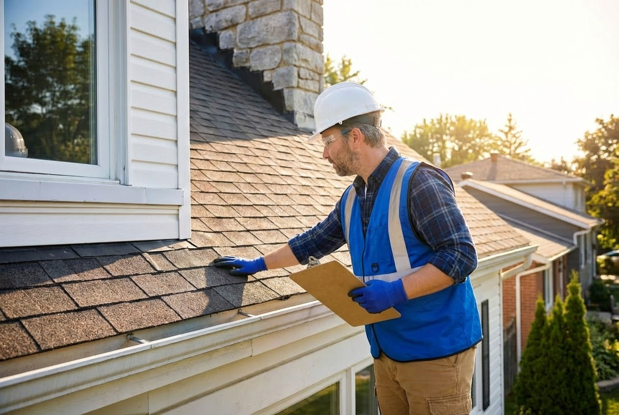Person in hard hat and vest inspecting roof shingles, holding clipboard.