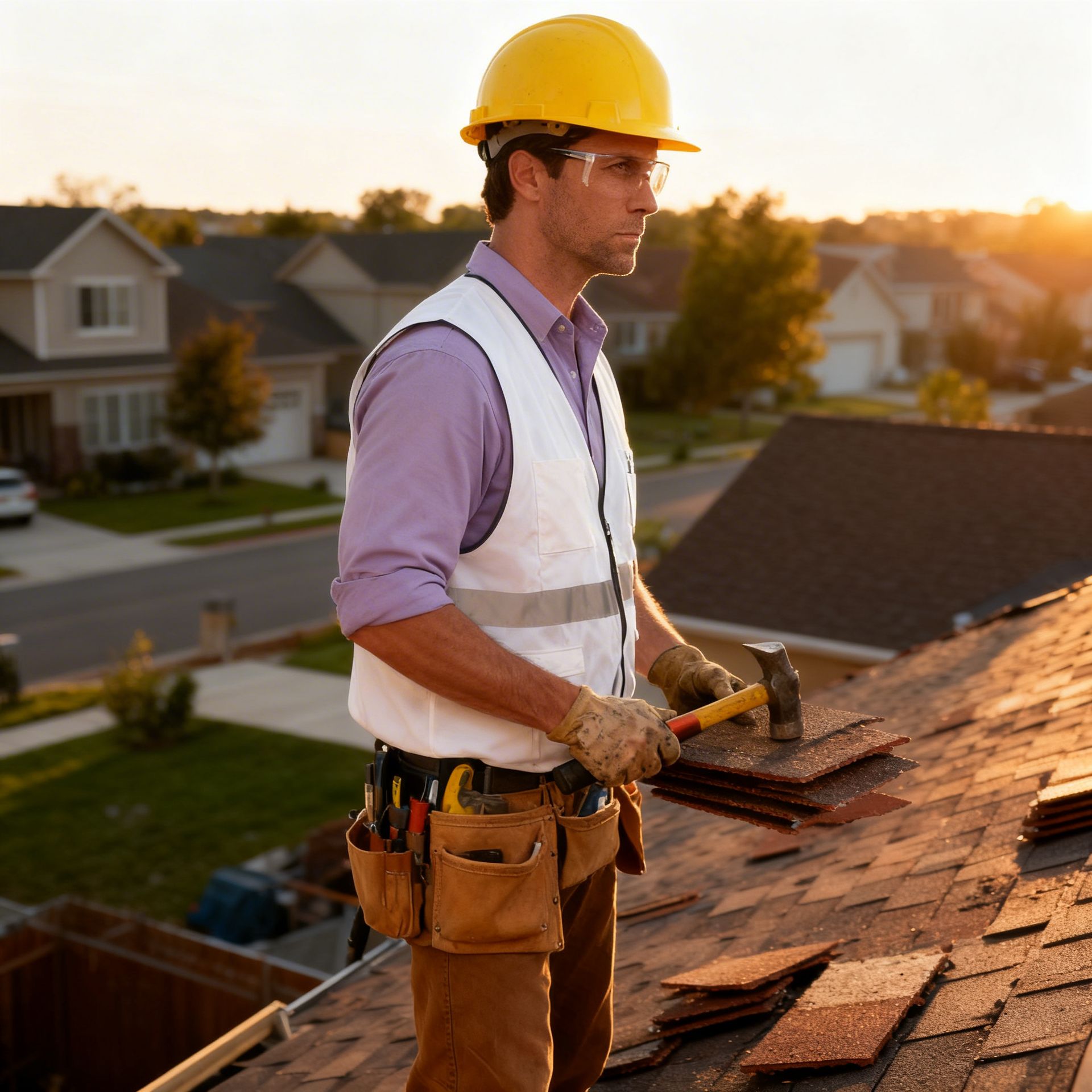 Roofer in safety gear installing shingles on a house roof at sunset, suburban neighborhood background.