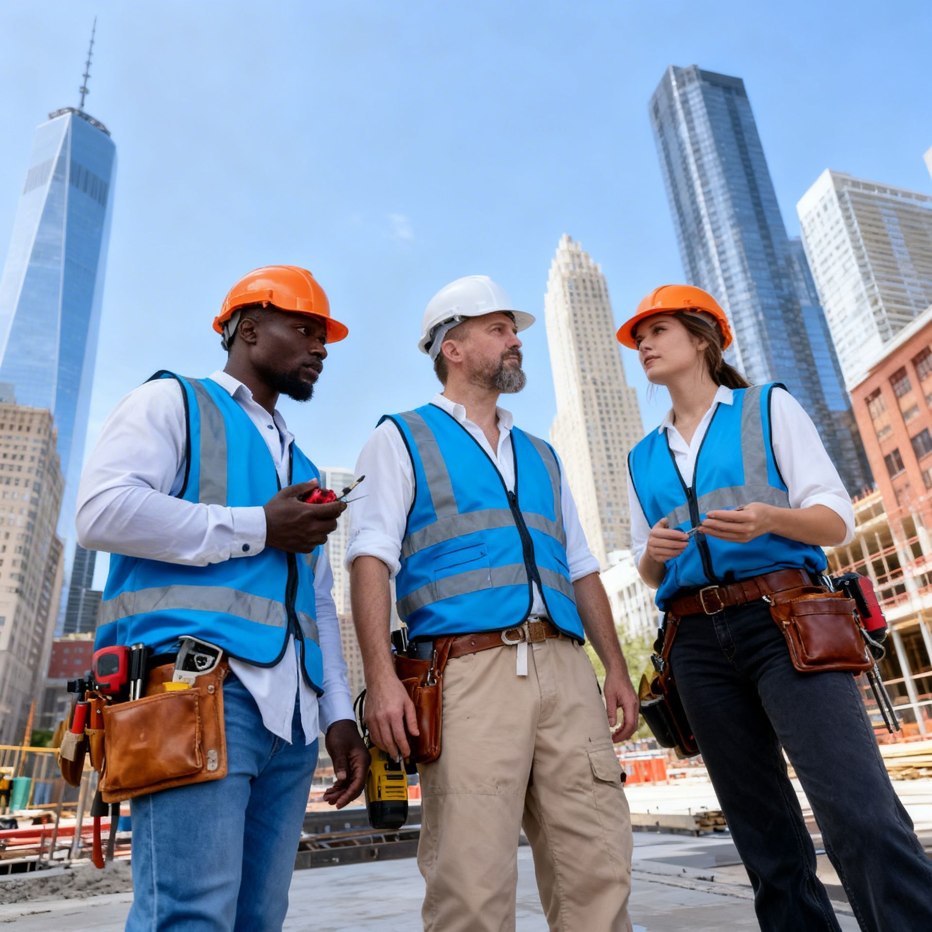 Construction workers in hard hats and vests, looking at a city building site.