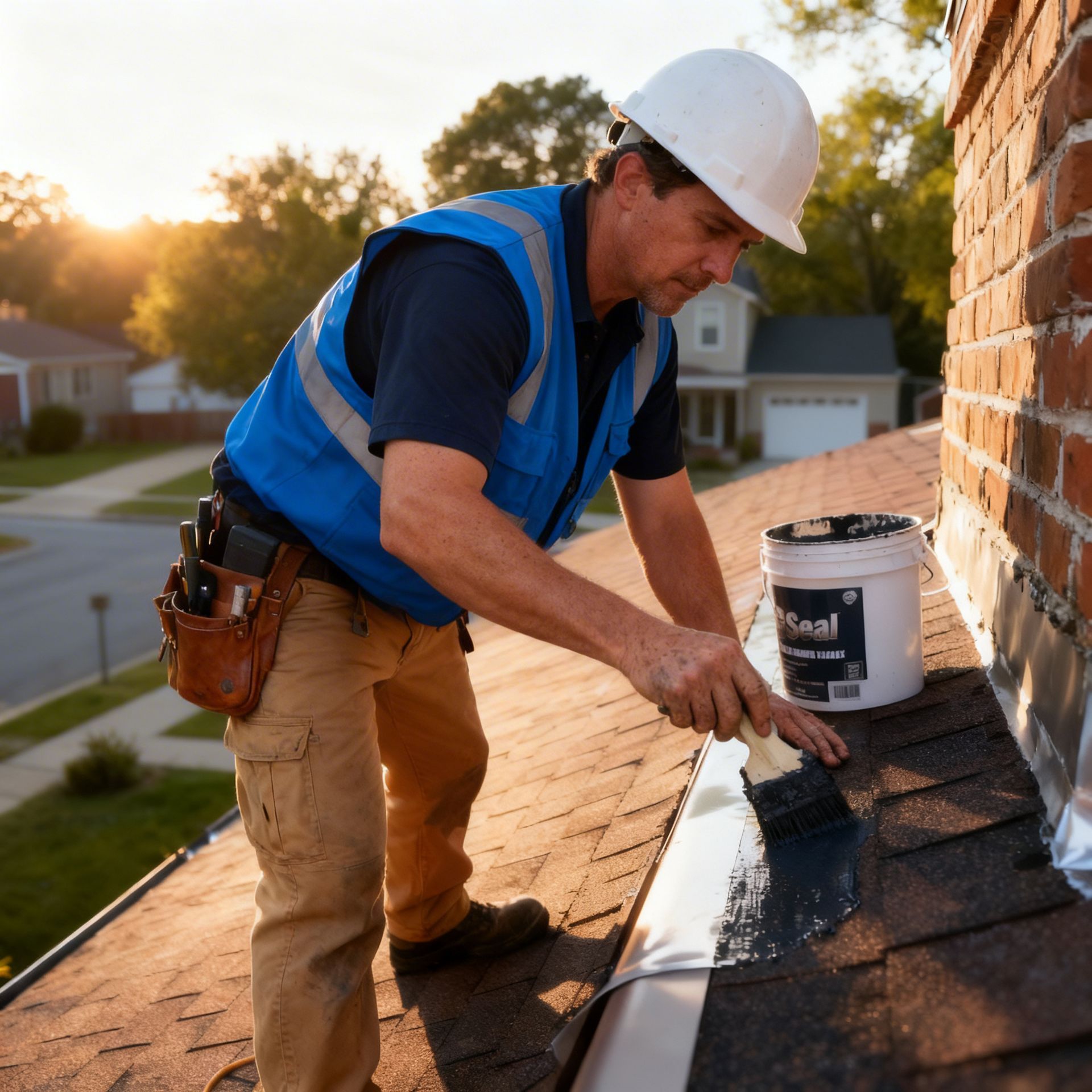 Roofer applies sealant to roof flashing near a brick chimney, wearing a hard hat and safety vest.