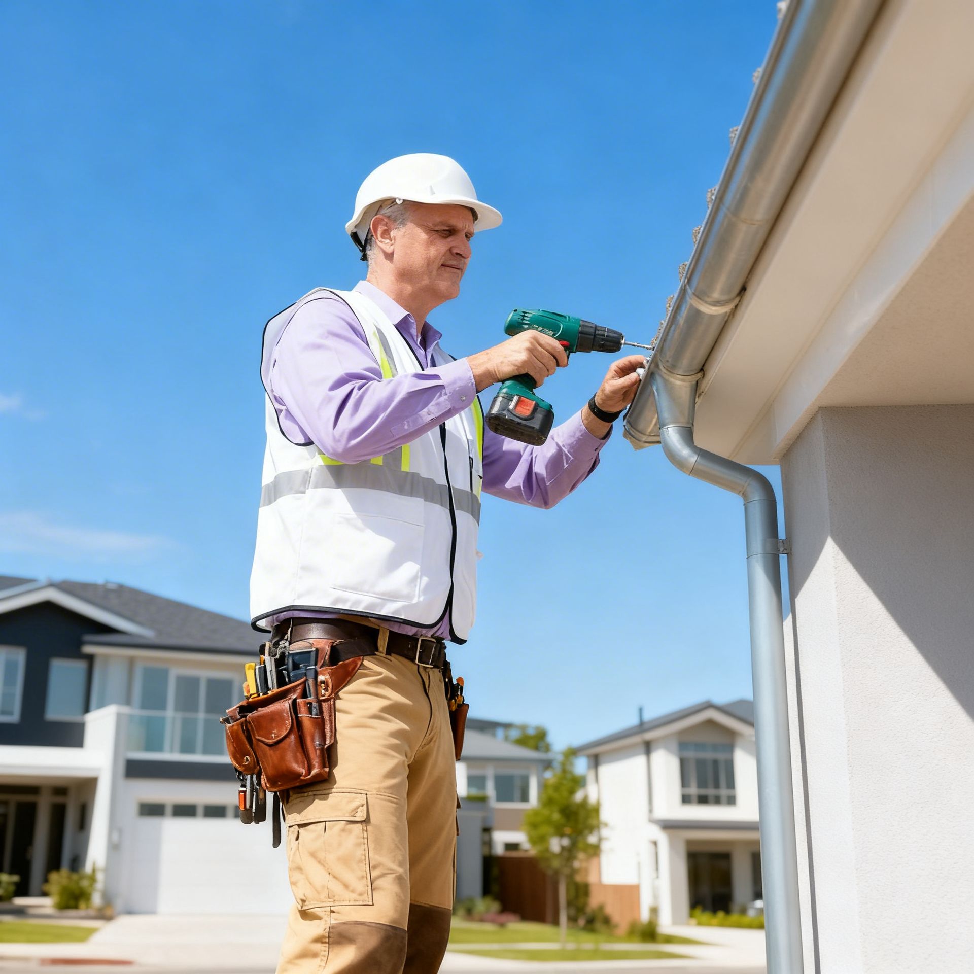 Man in hard hat and vest using a drill to install gutter on a house under a clear blue sky.