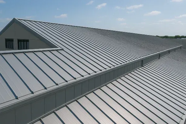 Metal roof of a building with multiple angled planes, viewed from above, on a sunny day.