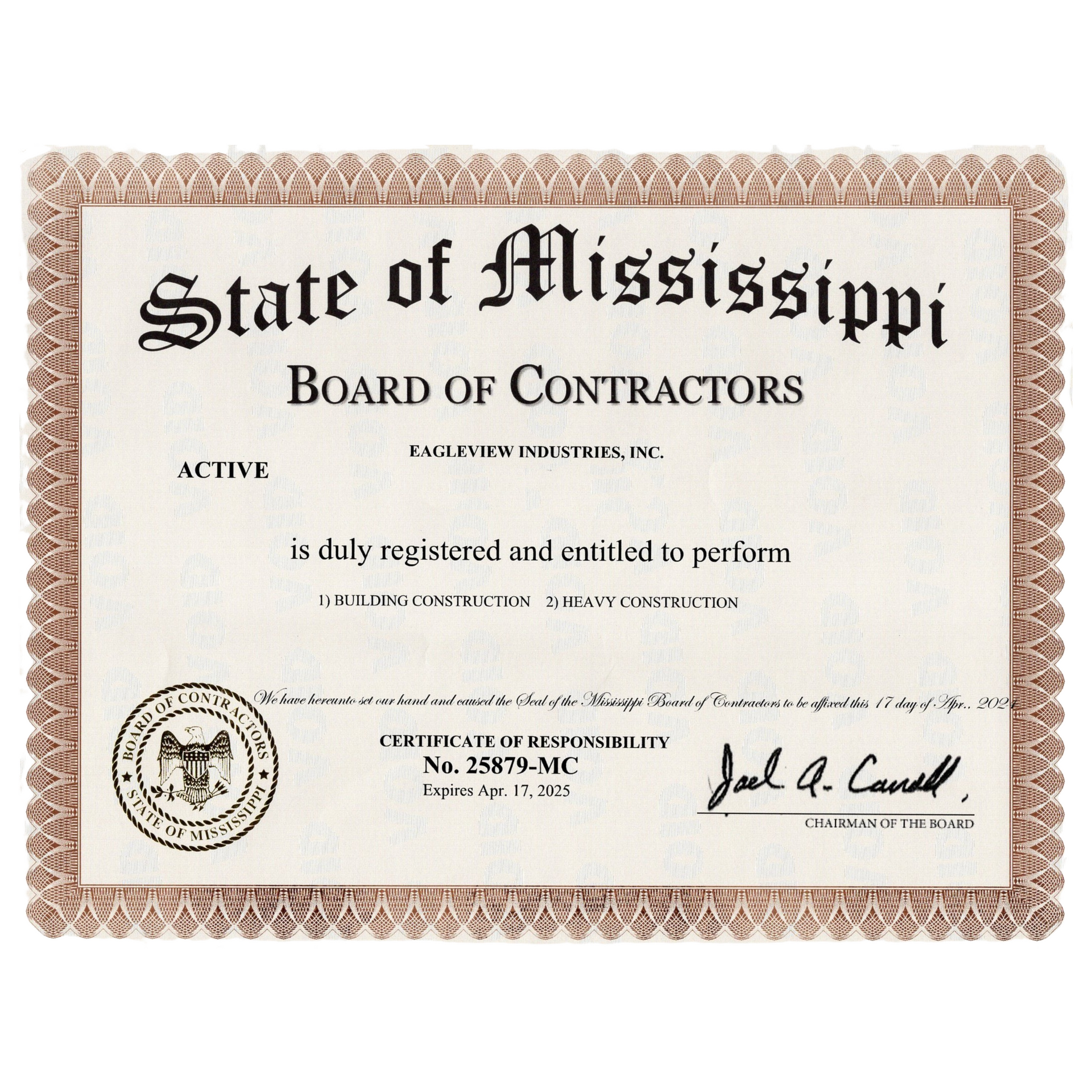 EagleView Industry's State of Mississippi Board of Contractors Liscense