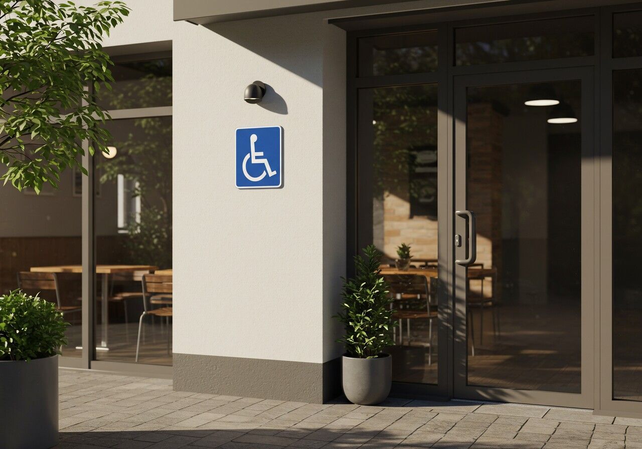 Exterior of a building entrance with a wheelchair accessible sign, glass doors, and outdoor seating visible through the windows.