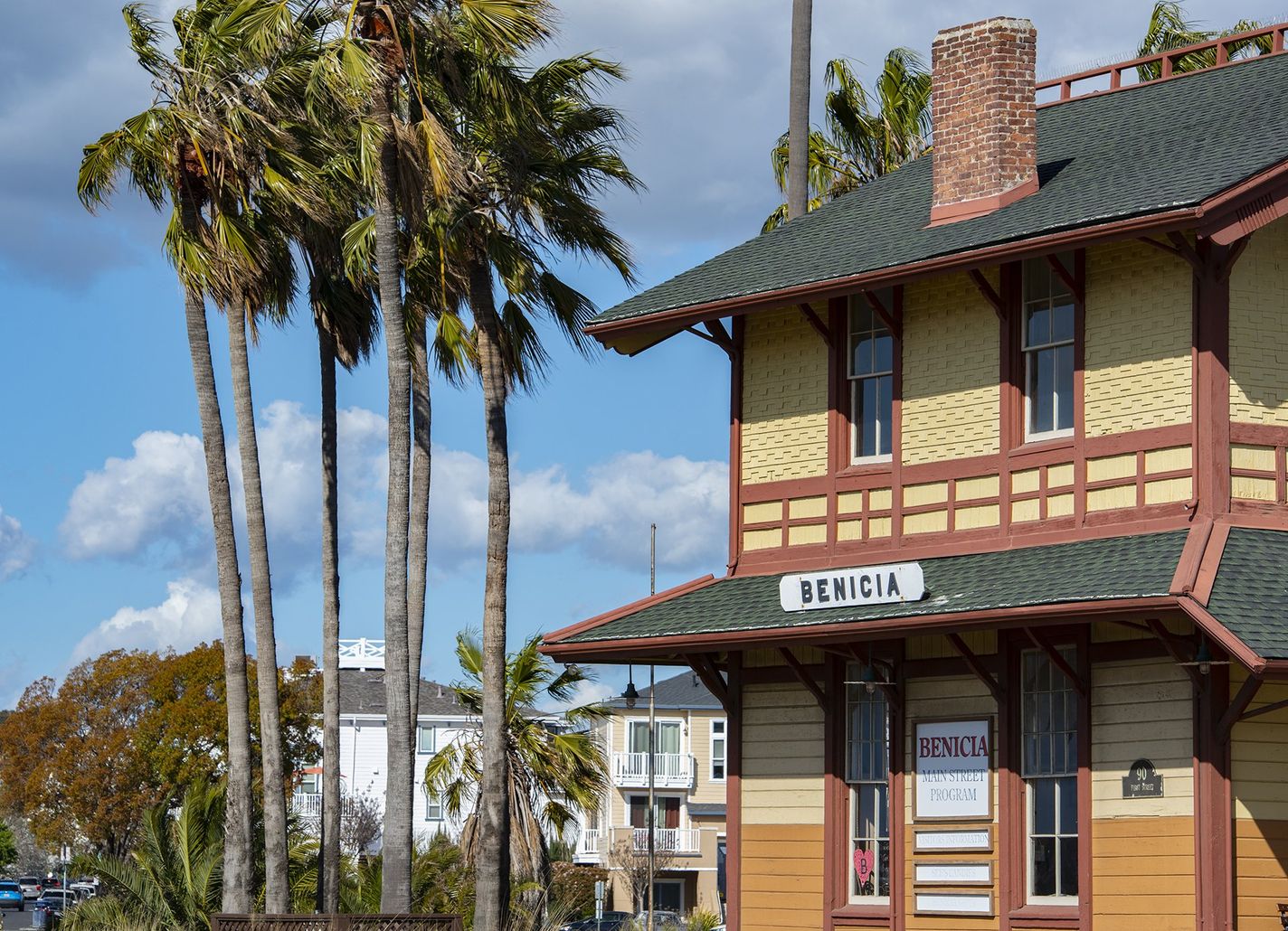 View of former train station, now a tourist attraction, wooden two story building at the Benicia waterfront