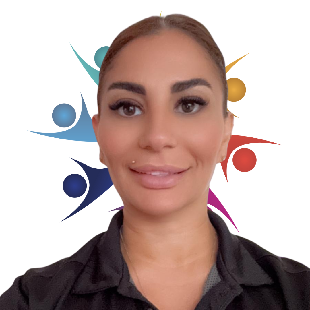 A woman in a black shirt is smiling in front of a colorful logo