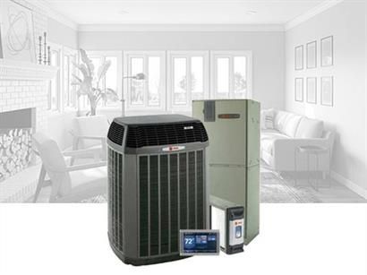 HVAC system components: air conditioner, furnace, thermostat, and air filter.