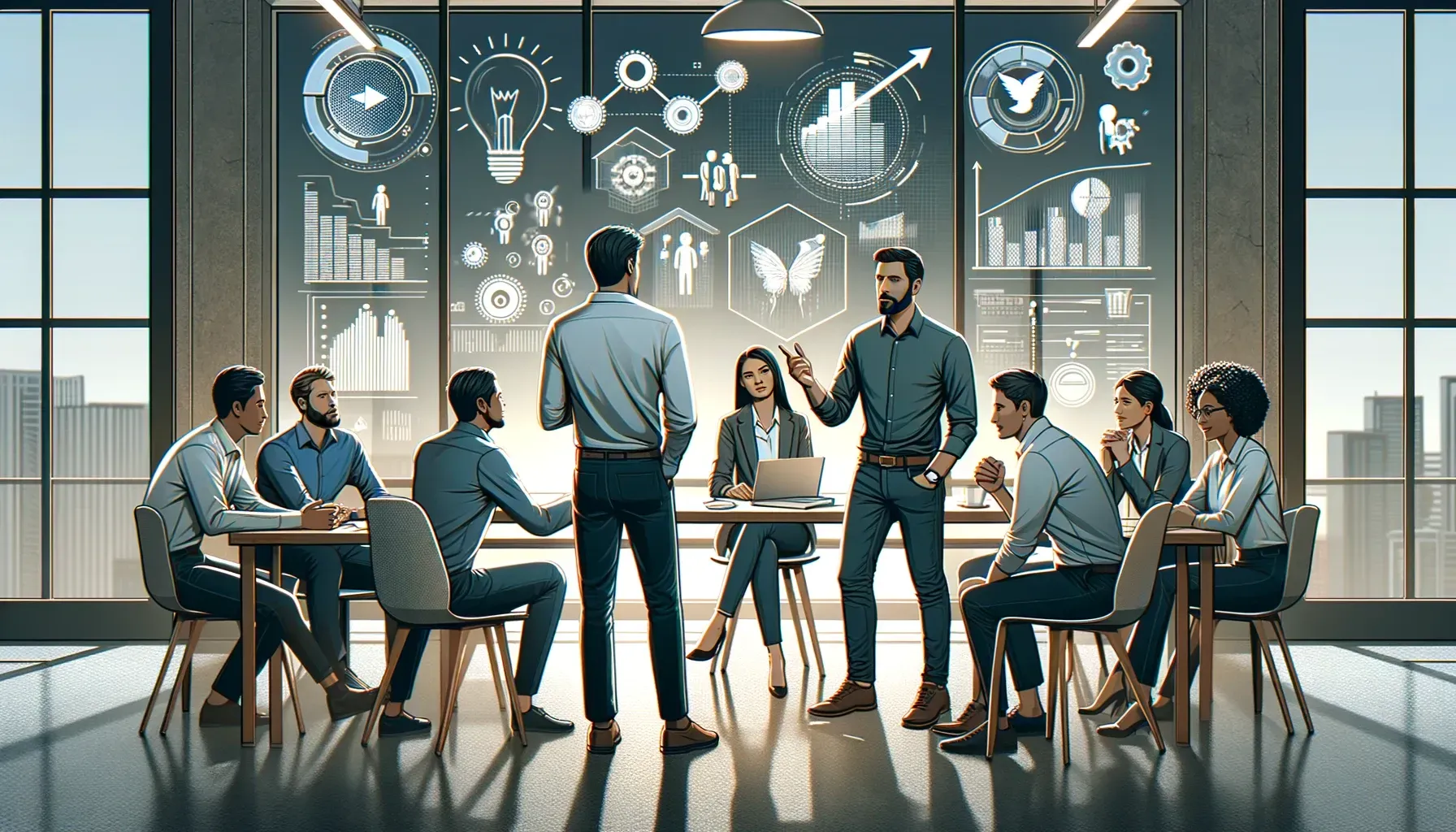 A group of people are having a meeting in a conference room.