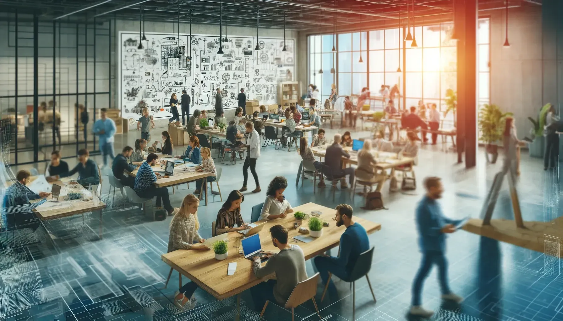A large group of people are sitting at tables in an office.