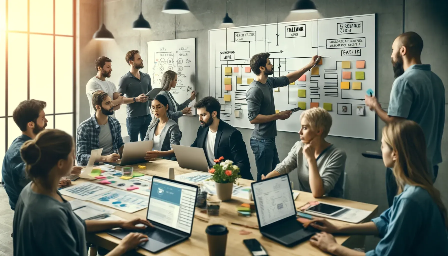 A group of people are sitting around a table with laptops generating a strategic plan.