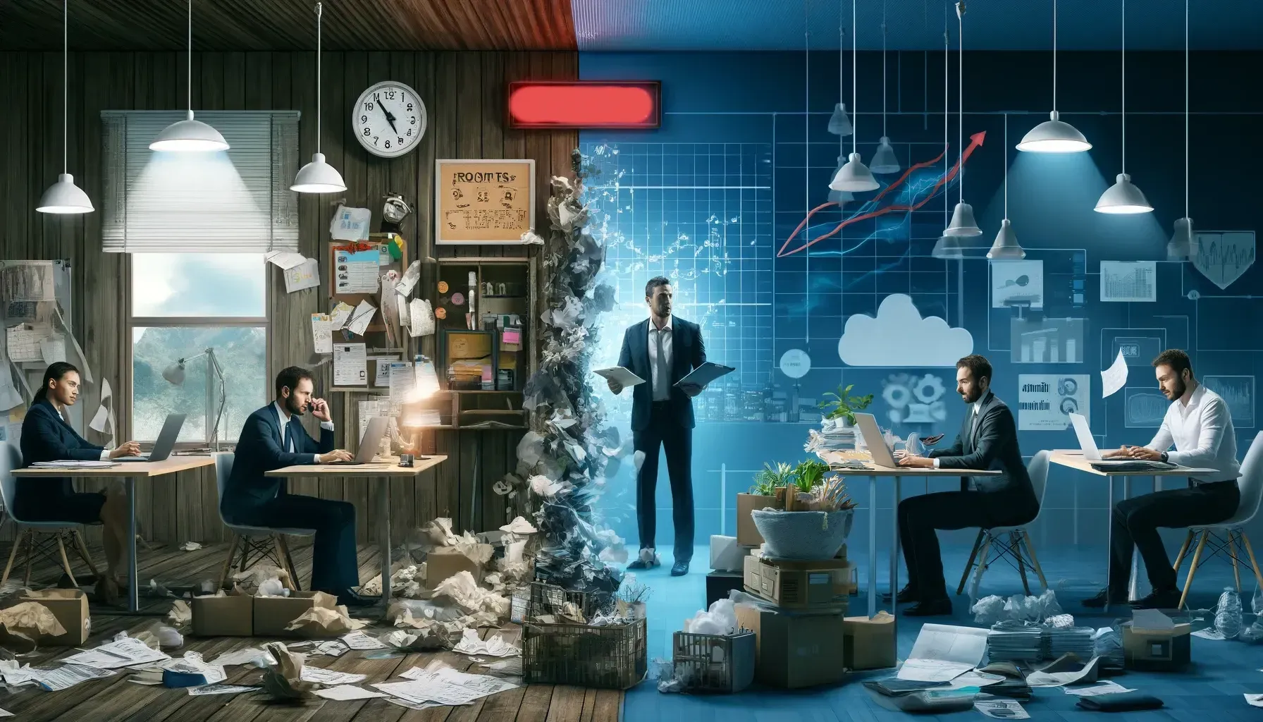 A group of people are sitting at desks in a messy office.