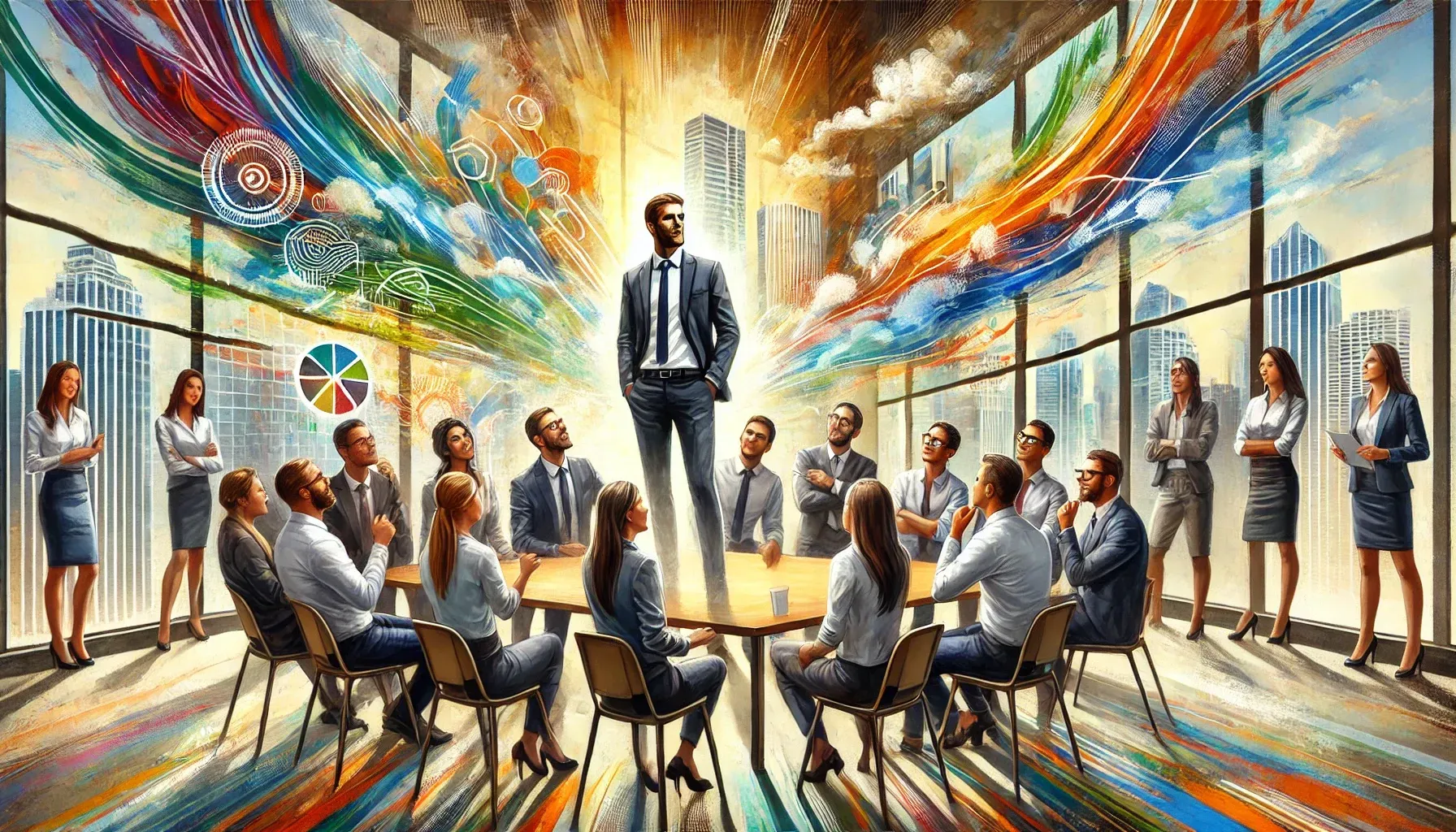 A man in a suit and tie is standing in front of a group of people sitting around a table.