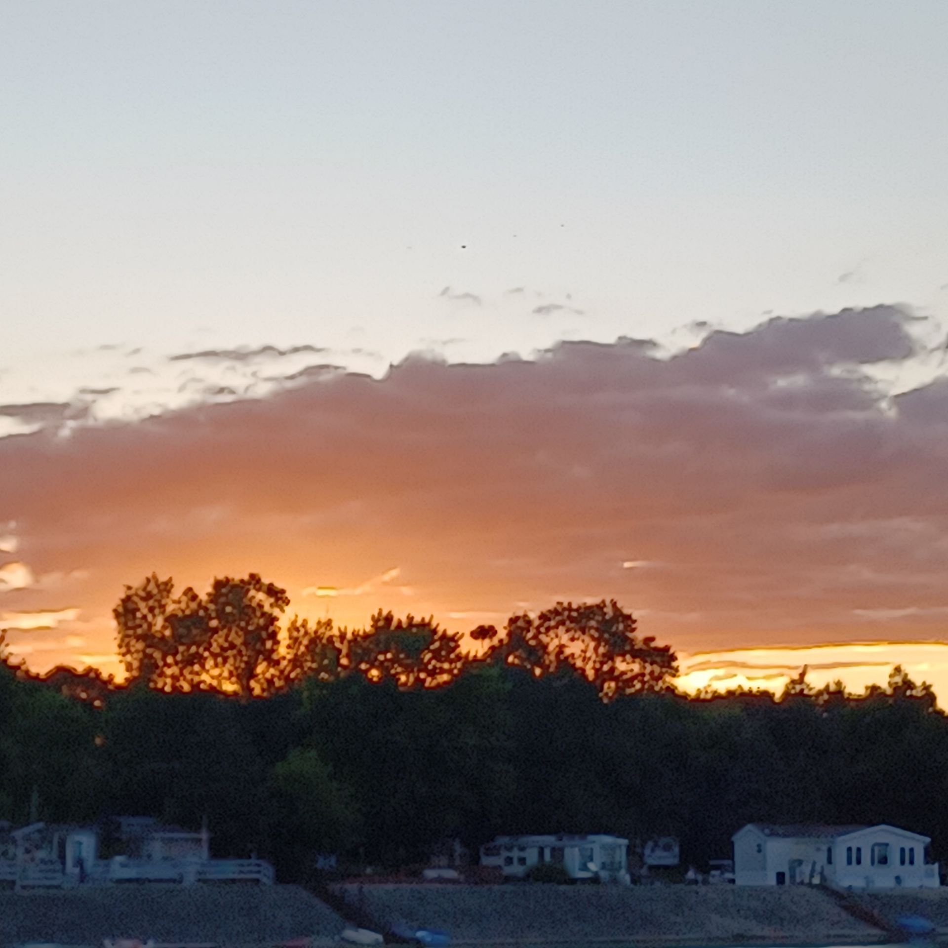 A sunrise glows behind a dark treeline and small houses sitting along a waterfront.
