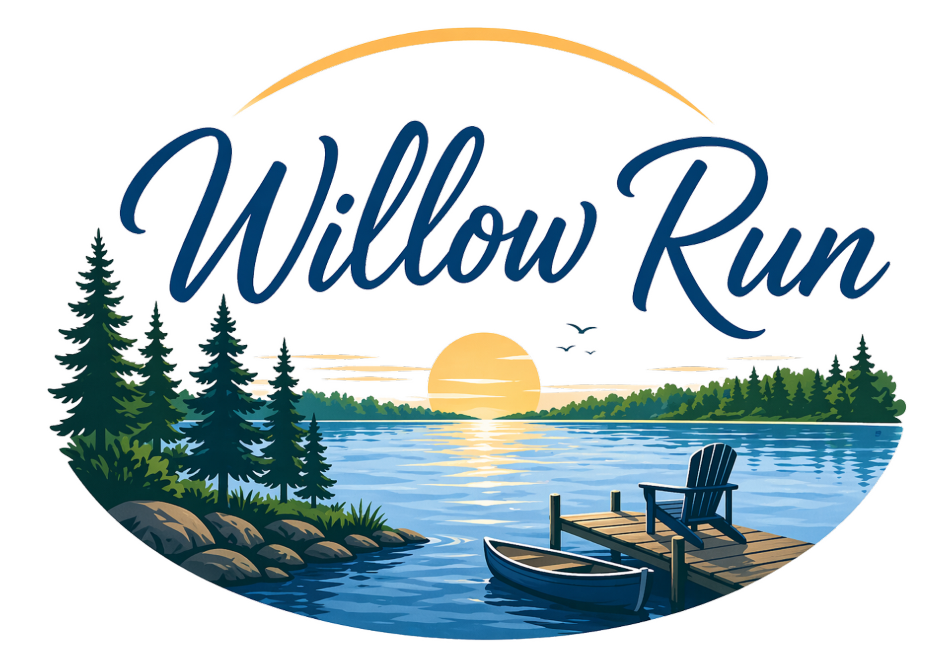 Willow Run logo with sunset over a lake, pine trees, and a dock with chairs