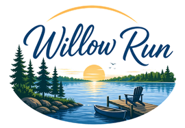 Willow Run logo with sunset over a lake, pine trees, and a dock with chairs