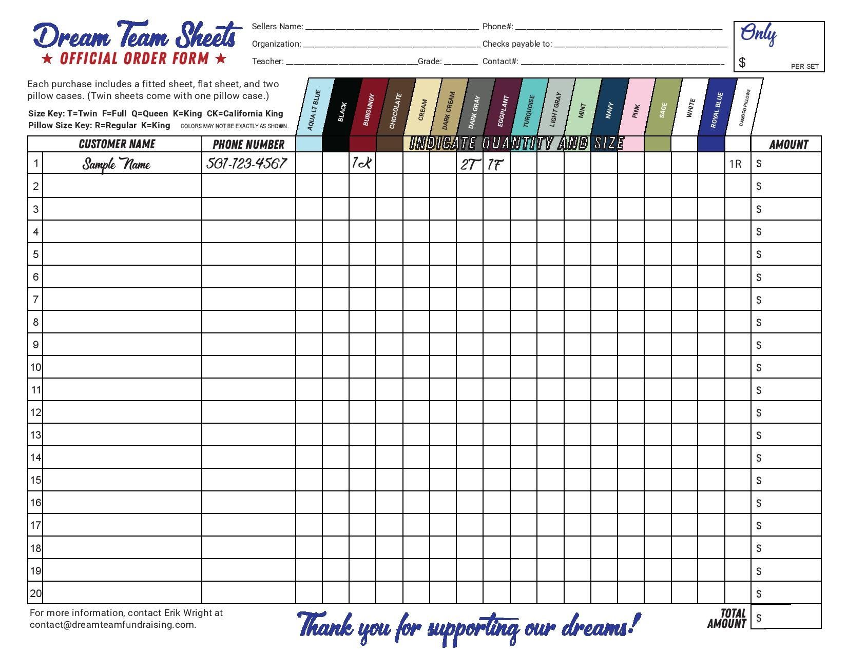 Dream Team Bed Sheet Fundraiser Order Form