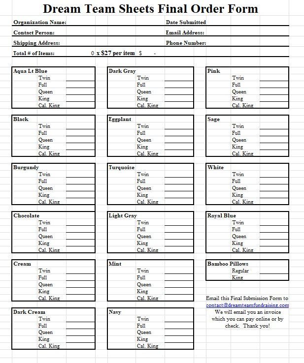 Dream Team Bed Sheet Fundraiser Final Order Submission Form