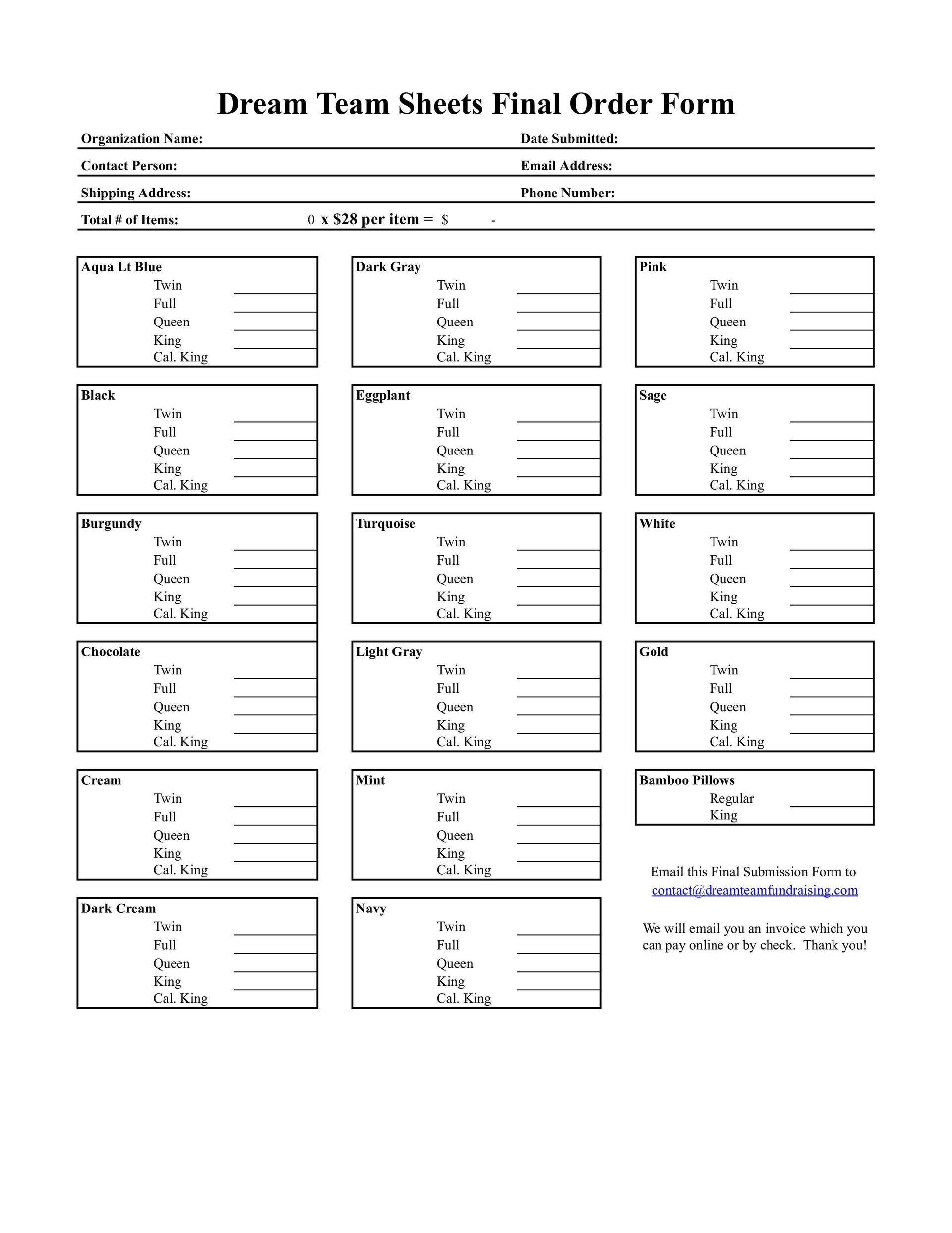 Dream Team Bed Sheet Fundraiser Final Order Submission Form