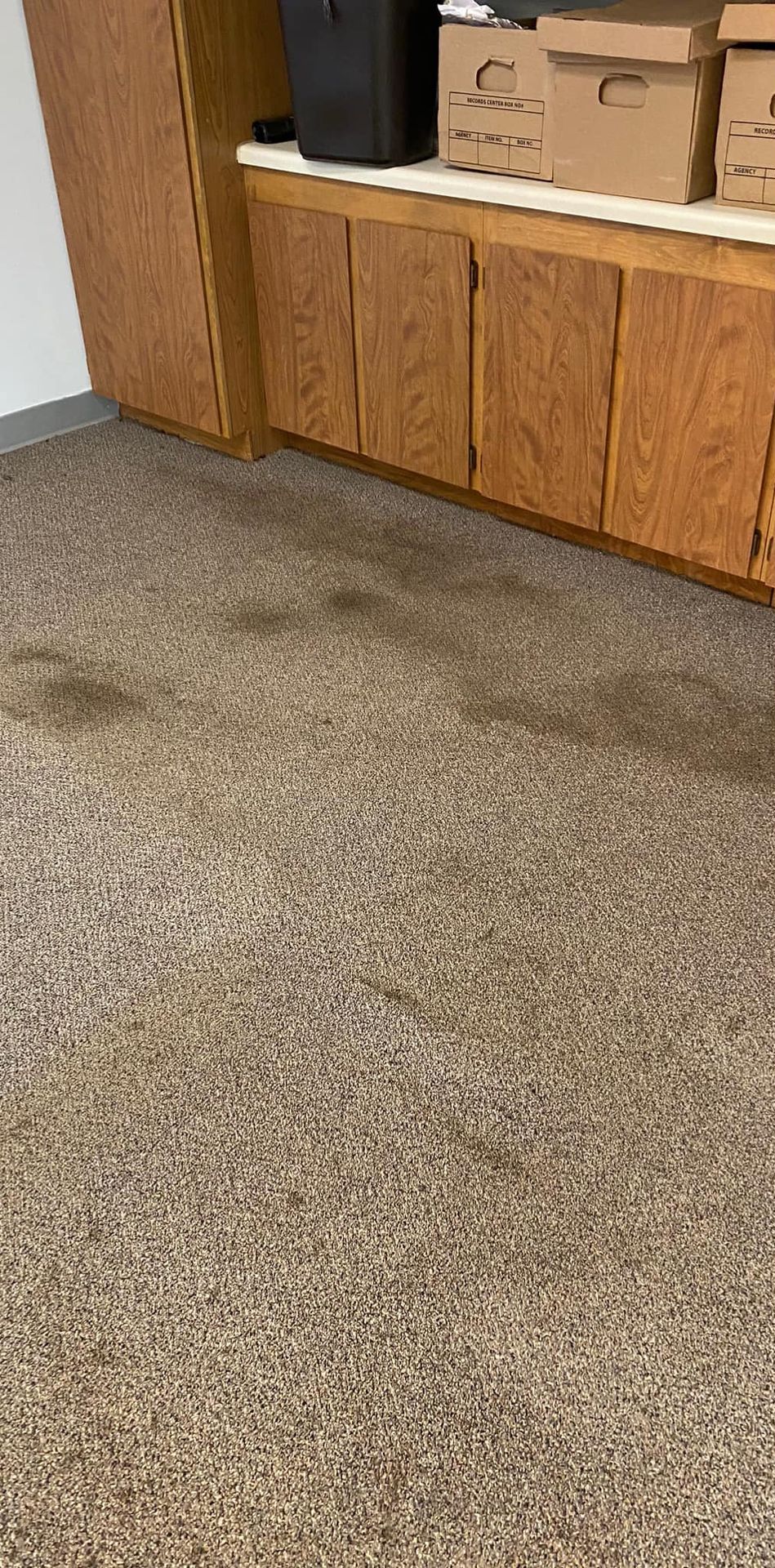 A room with a carpeted floor and wooden cabinets.