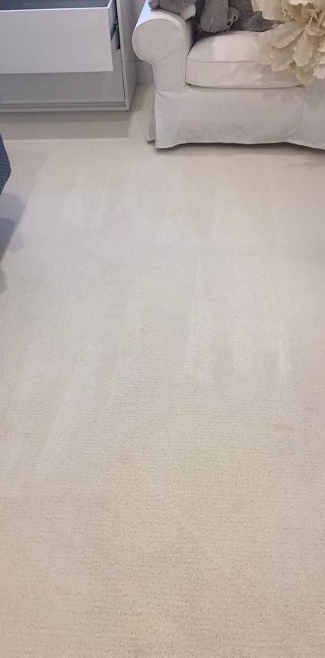 A white couch is sitting on a white carpet in a living room.